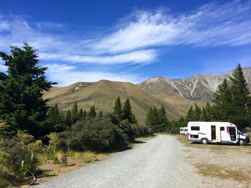 Our first campervan site - near Mount Cook. Spot our little caravan/ motorhome rental amidst a backdrop of jaw-dropping mountainous scenery