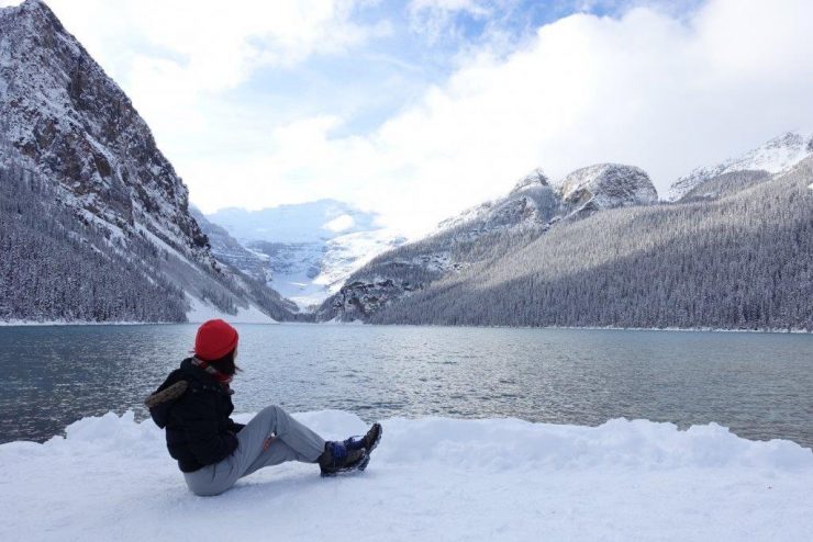 View of the lake louise as you circle around it on the trek | Day Hikes in British Columbia