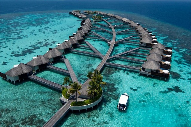 View of the villas of W Maldives from the sky