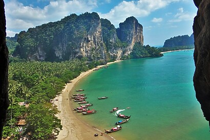Stunning beaches and rock formations at Railey Beach in Thailand. Rock Climber's dream paradise