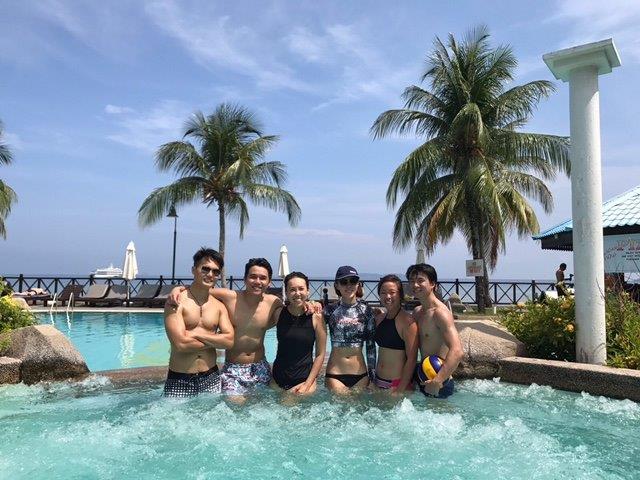 Group shot at Berjaya Tioman Malaysia Retreat Resort jacuzzi pool by the beach. | Tioman Island Resort