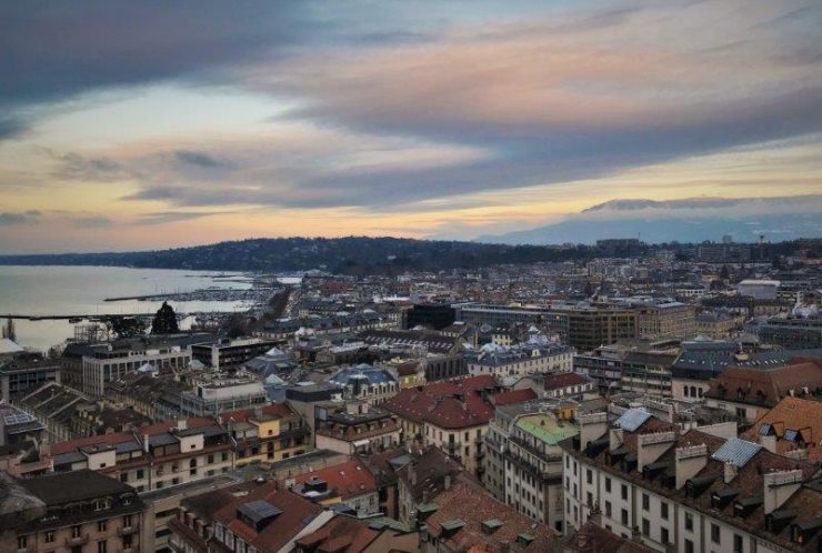 View of the city of Geneva at sunset from the top of Cathedral Saint-Pierre.