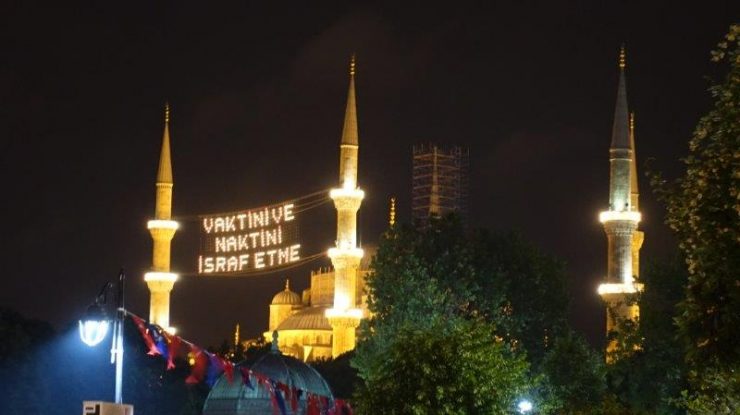 Blue Mosque all lighted up in gold at night | During Ramadan Fasting Season