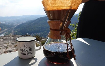 Drinking delicious bohemian coffee at Rose Ridge