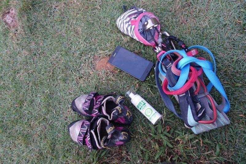 climbing shoes in field on grass