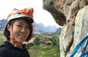 rock climbing helmet in use