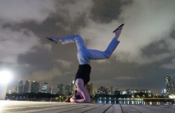 balancing on yoga head pose yoga pants cloudy