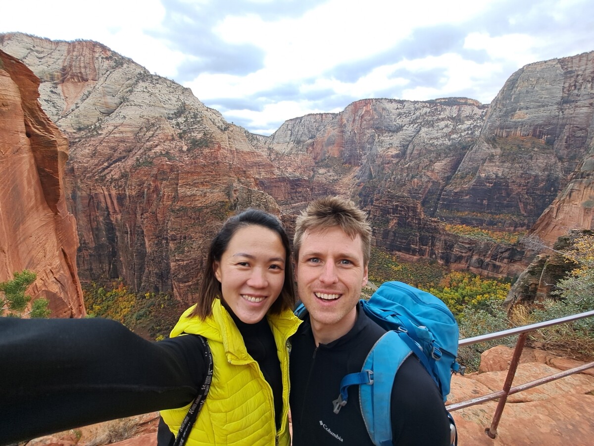 selfie against the Zion National Park rotated selfie against the Zion National Park